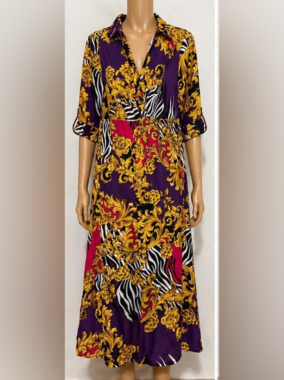 Baroque Scroll Print Long-Sleeve Midi Dress in Purple, Black & Gold